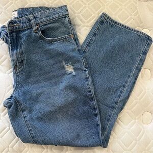 blue distressed straight jeans